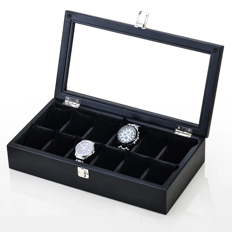 Wood Watch Box Organizer 5–12 Slots Black Wooden Watch Display Holder for Men