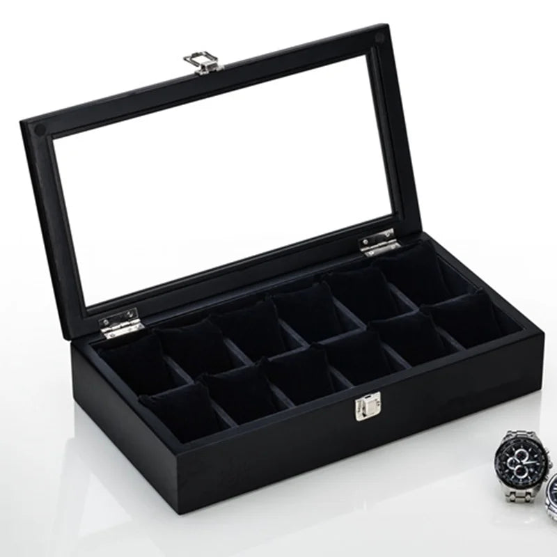 Wood Watch Box Organizer 5–12 Slots Black Wooden Watch Display Holder for Men