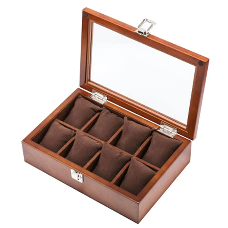 8-Slot Wooden Watch Box Organizer with Glass Window Luxury Men’s Display Cabinet