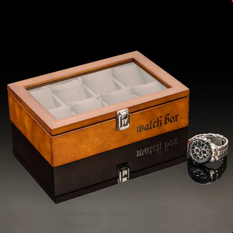 8-Slot Wooden Watch Box Organizer with Glass Window Luxury Men’s Display Cabinet