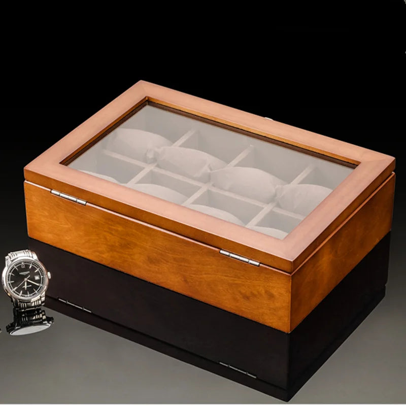 8-Slot Wooden Watch Box Organizer with Glass Window Luxury Men’s Display Cabinet