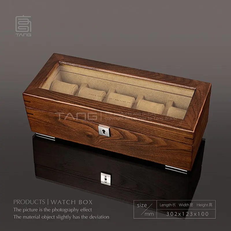 5-Slot Solid Wood Watch Box Organizer with Lock Luxury Men’s Gift Case