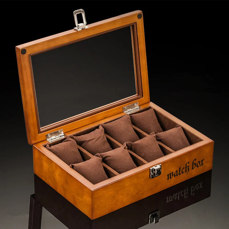 8-Slot Wooden Watch Box Organizer with Glass Window Luxury Men’s Display Cabinet