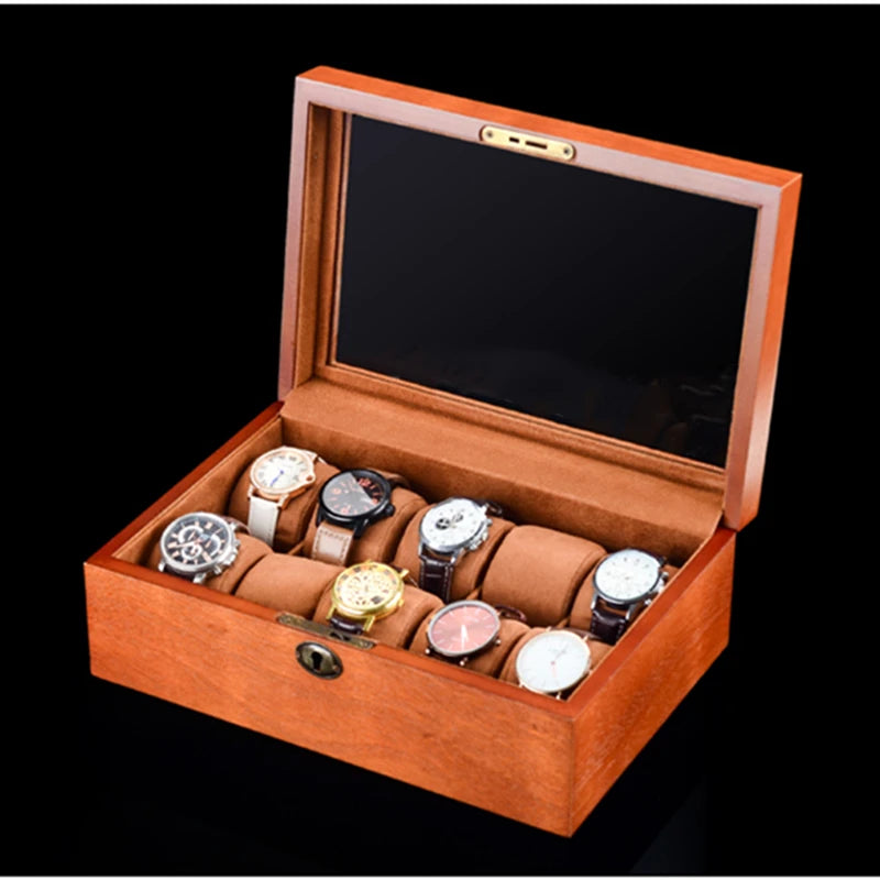 10-Slot Solid Wood Watch Box Luxury Men’s Watch Organizer Display Gift Case