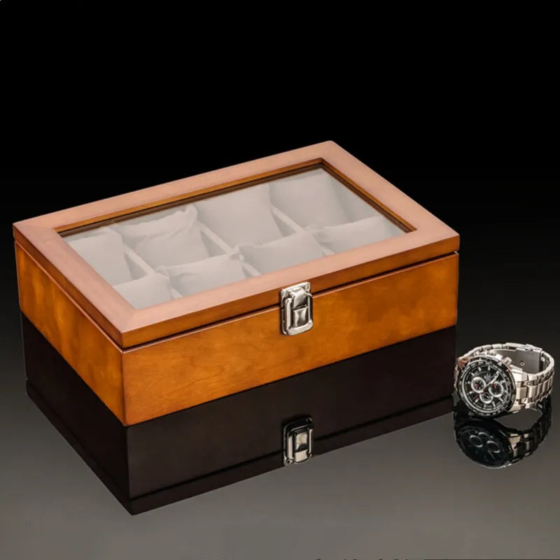 Wooden Watch Box Organizer with Glass Window Luxury Men’s Watch Display Case