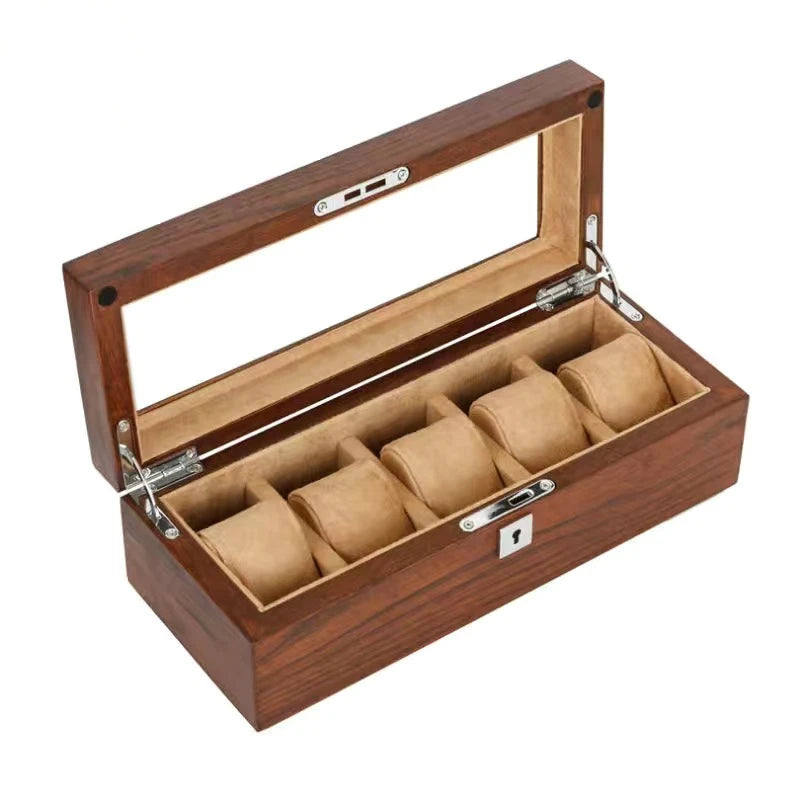 5-Slot Solid Wood Watch Box Organizer with Lock Luxury Men’s Gift Case
